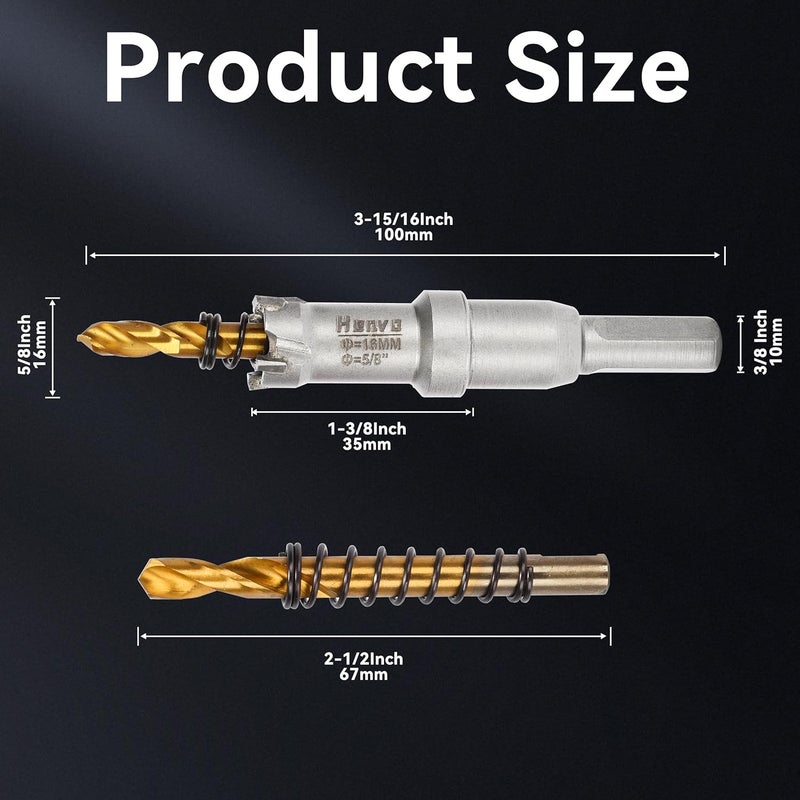Henvo Hole Saw 5/8" (16mm) Heavy Duty Carbide with 2 Pilot Drill Bits - Metal Hole Cutter Cuts Stainless Steel, Iron, Copper, Brass, Plastic - Image 2